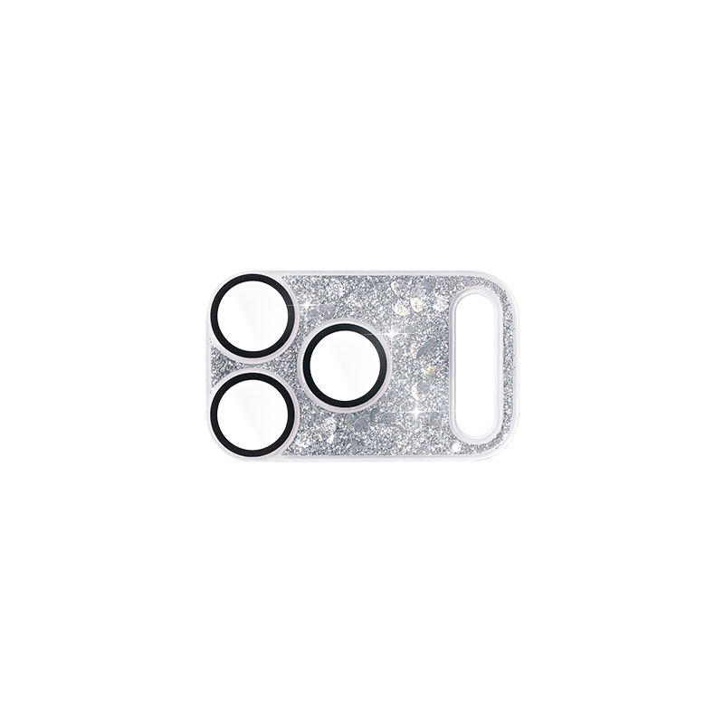 Silver glittery phone case with three black circular cutouts on a white background