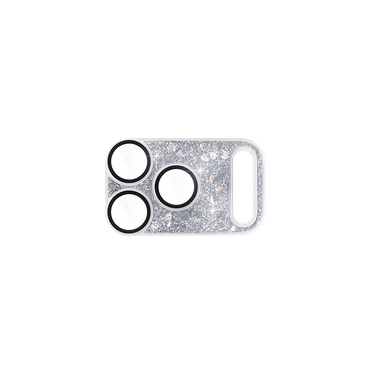 Silver glittery phone case with three black circular cutouts on a white background