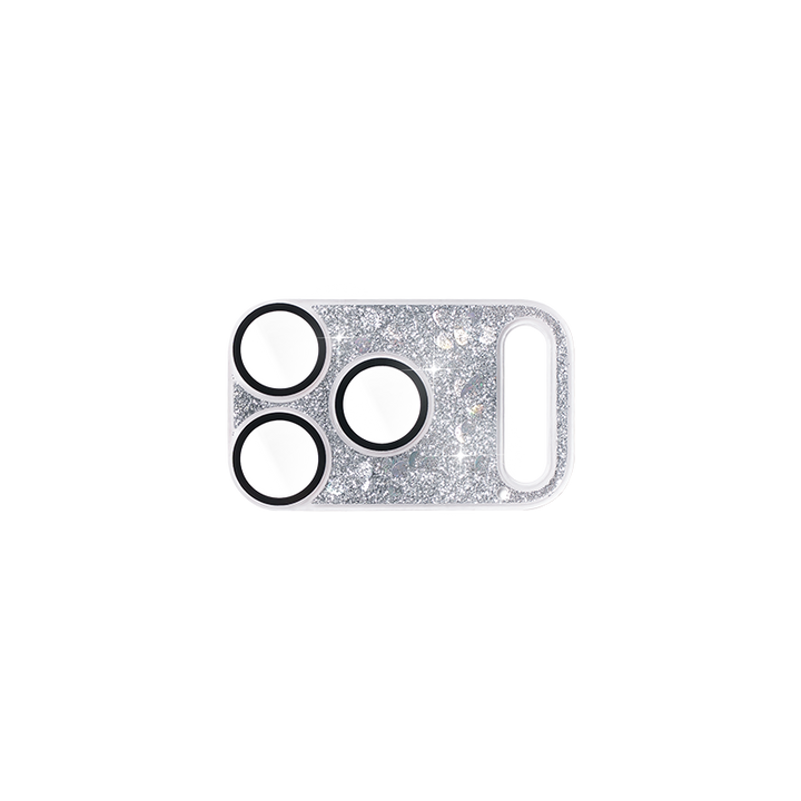 Silver glittery phone case with three black circular cutouts on a white background