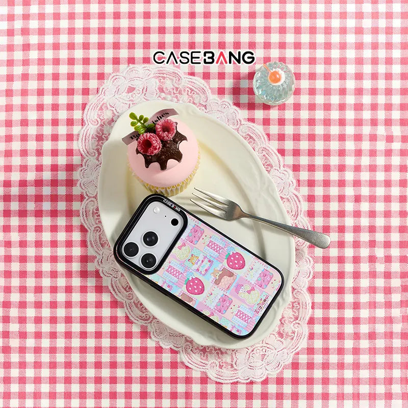 Ayyjewel Berry Plaid Pink snap-on phone case on a pink gingham tablecloth