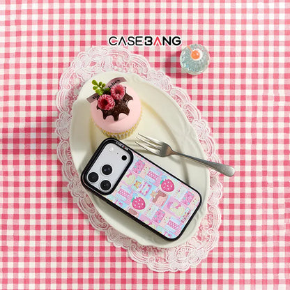 Ayyjewel Berry Plaid Pink snap-on phone case on a pink gingham tablecloth