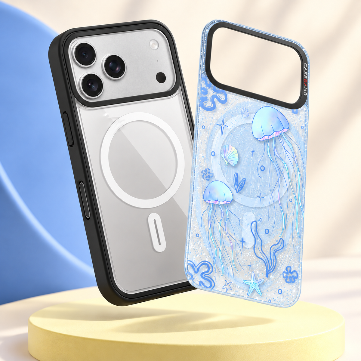 ImagiSnap Base Case beside the Seaside Holiday jellyfish Snap-On Cover with its CASEBANG camera-bezel wordmark