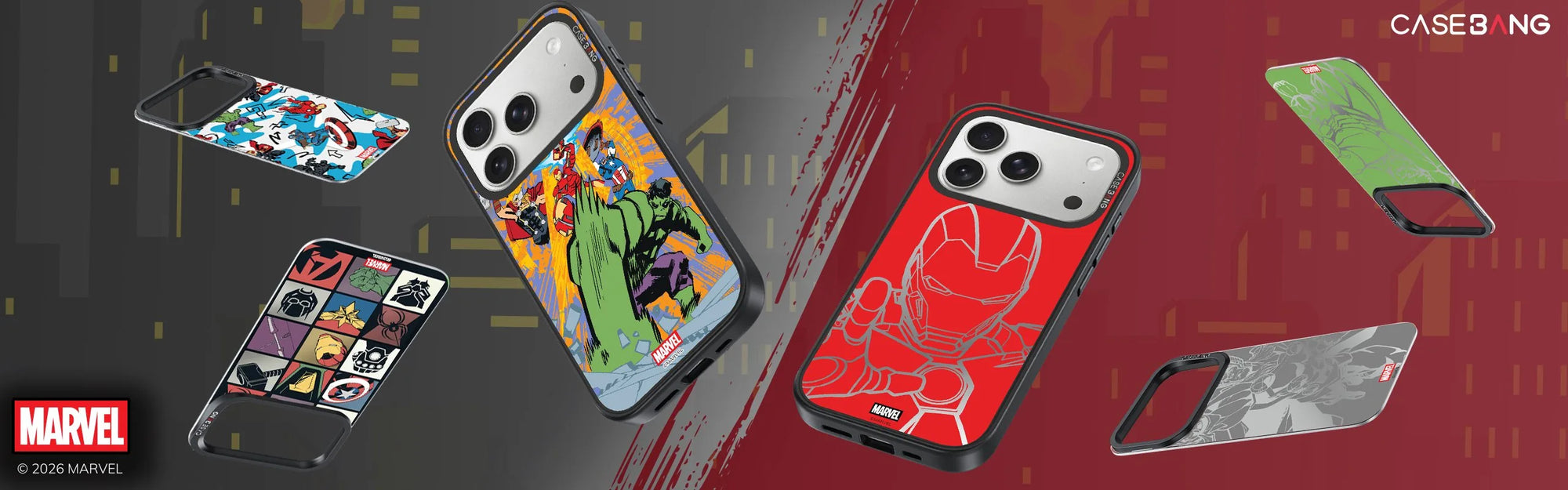 CaseBang x Marvel Avengers licensed phone cases collection — Hulk comic style, Iron Man red snap-on cover, and Avengers character grid — ImagiSnap Snap-On Cover vertical banner