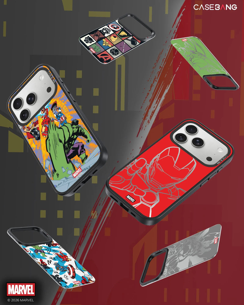 CaseBang x Marvel Avengers licensed phone cases horizontal banner — featuring Hulk, Iron Man, Captain America snap-on covers — ImagiSnap official Marvel collection