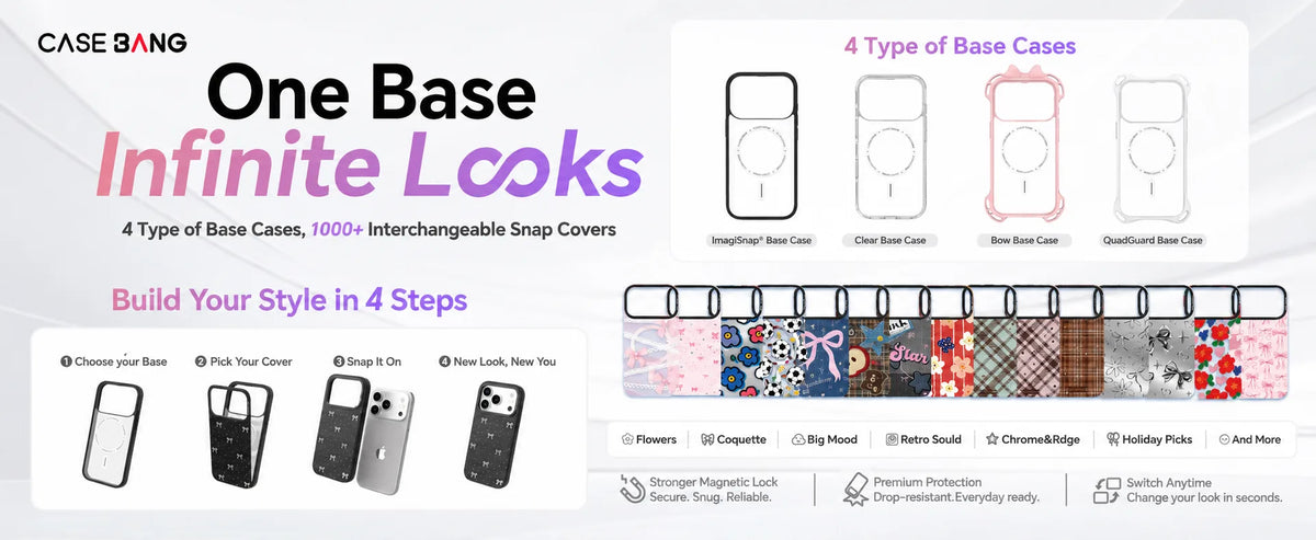 CaseBang One Base Infinite Looks – 4 Types of Base Cases with 1000+ Interchangeable Snap-On Covers | ImagiSnap® MagSafe Compatible