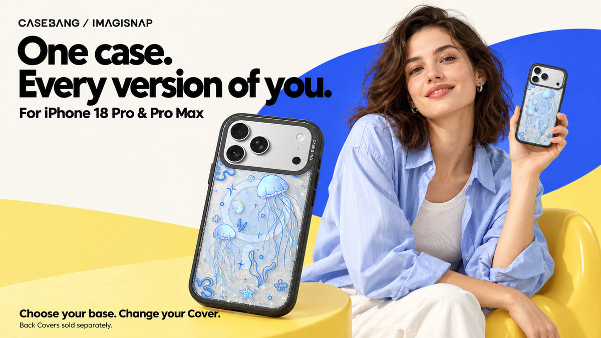 Western model holding a Jellyfish Dream Snap-On Cover on a black iPhone 18 Pro Max base case