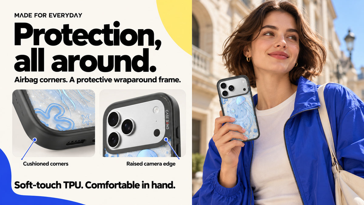 Black base case cushioned corner and raised camera-edge details