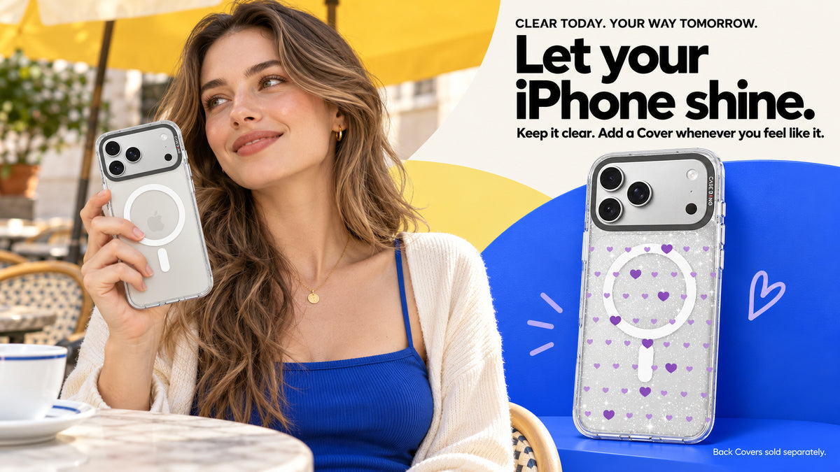 A clear base case used alone and paired with a purple-heart Snap-On Cover