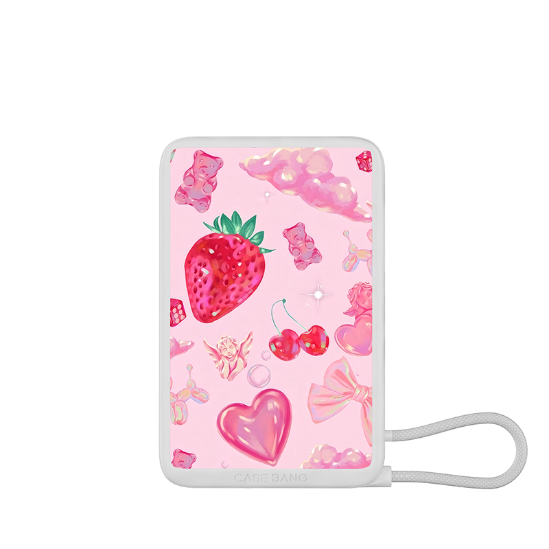 Vintage Strawberry power bank with built-in cable