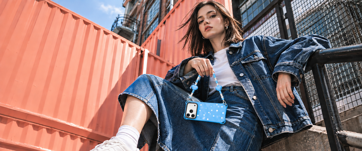 Blue dotted QuadGuard case with a beaded hand charm and a denim street look