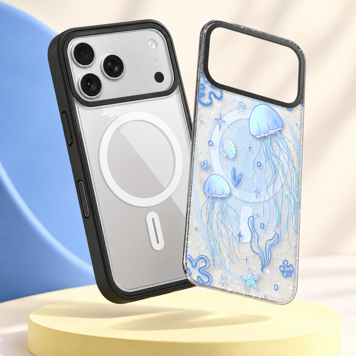 ImagiSnap black-frame transparent Base Case beside a jellyfish-pattern Snap-On Cover