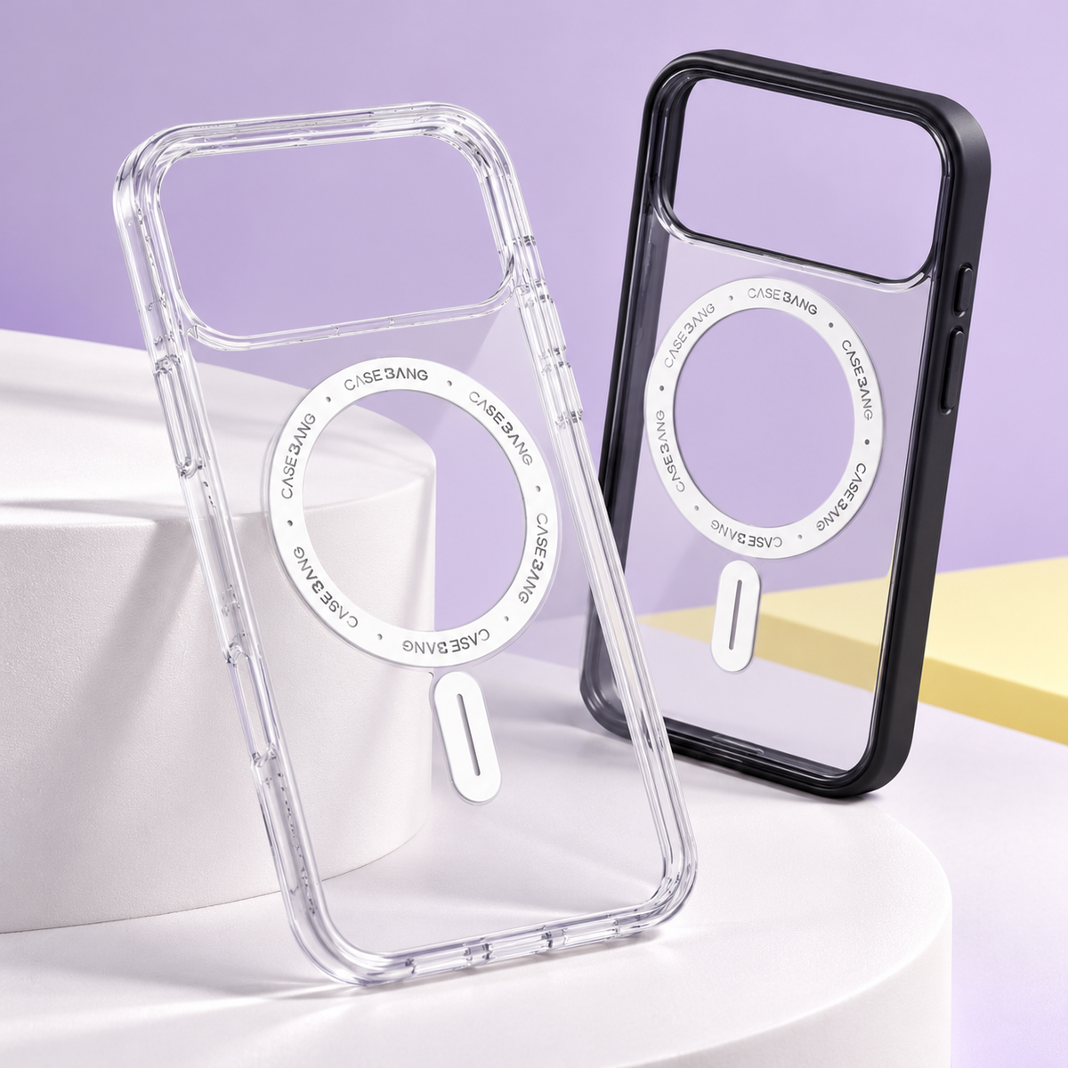 Clear and black-frame ImagiSnap magnetic Base Cases on a lavender studio set