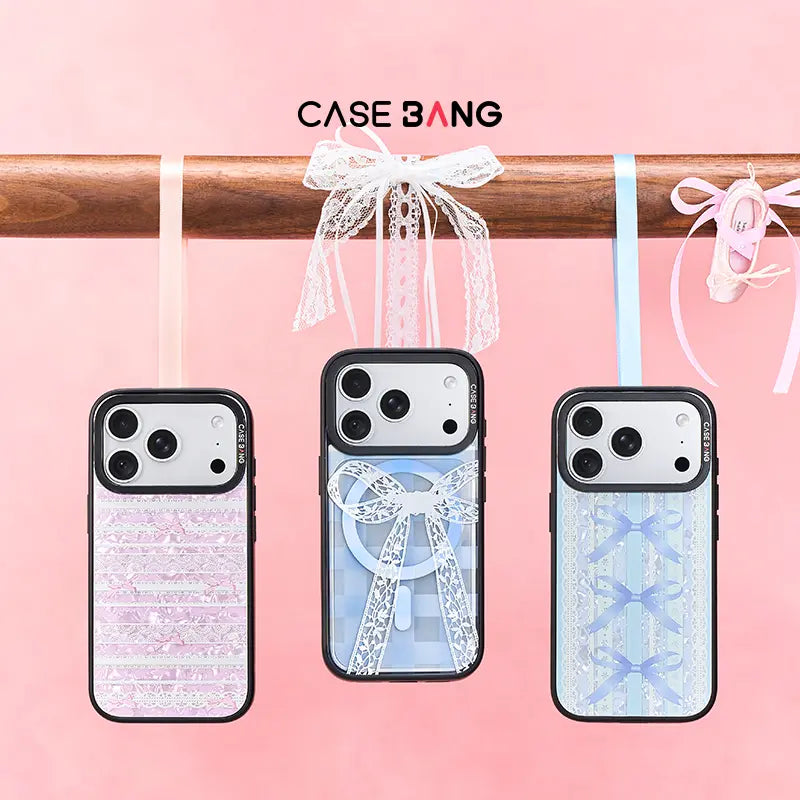 CASEBANG Sporty Ballet phone case collection with pink and blue ribbon designs